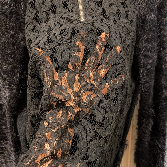 XOXO Fuzzy Black Stripe Lace Back Sweater - Picture 2 of 4